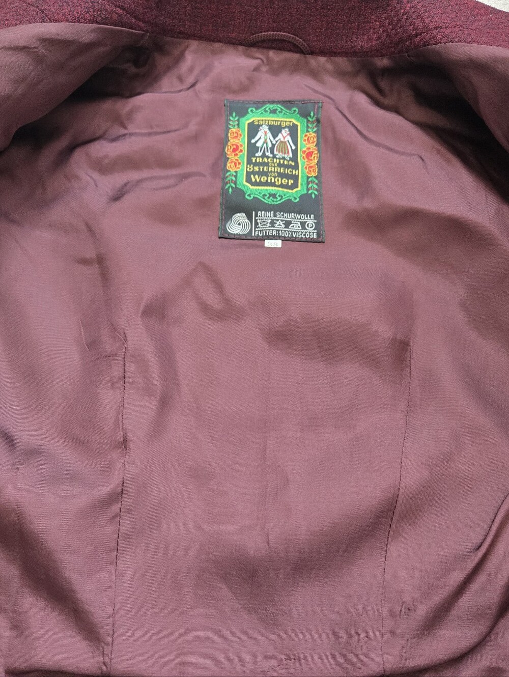 Wenger Vintage Burgundy Virgin Wool Open Front Crop Blazer. Size 38/ M - Picture 8 of 11